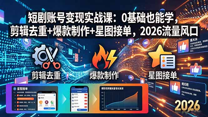 短剧账号变现实战课:0基础也能学,剪辑去重+爆款制作+星图接单,2026流量风口-热点1站 - 热点知汇专注网赚项目资源知识聚汇