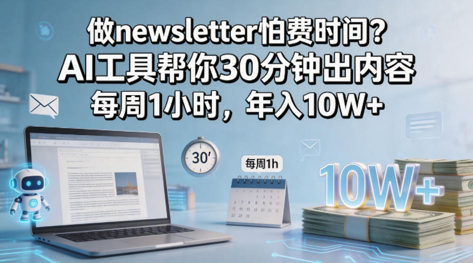 做newsletter怕费时间?AI工具帮你30分钟出内容,每周1小时,年入10W+!【原创双语字幕】-热点1站 - 热点知汇专注网赚项目资源知识聚汇