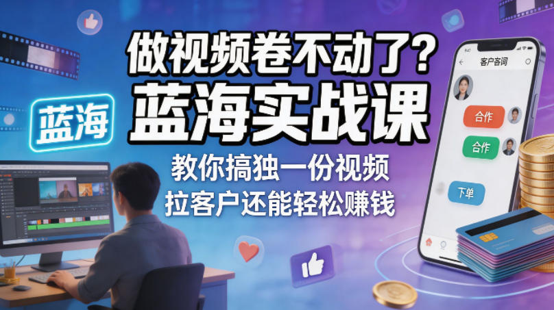 做视频卷不动了?蓝海实战课教你搞独一份视频,拉客户还能轻松賺钱!【原创双语字幕】-热点1站 - 热点知汇专注网赚项目资源知识聚汇