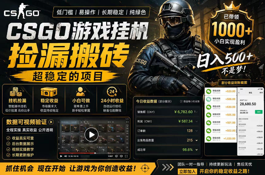 CSGO游戏搬砖,全自动挂G,不需要玩游戏,手机操作日入300+,解放双手【揭秘】-热点1站 - 热点知汇专注网赚项目资源知识聚汇
