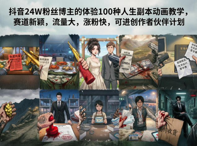 抖音24W粉丝博主的体验100种人生副本动画教学,赛道新颖,流量大,涨粉快,可进创作者伙伴计划-热点1站 - 热点知汇专注网赚项目资源知识聚汇