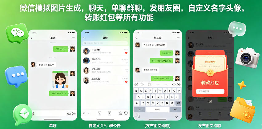 微信模拟图片生成,聊天,单聊群聊,发朋友圈,自定义名字头像,转账红包等所有功能都可以生成-热点1站 - 热点知汇专注网赚项目资源知识聚汇