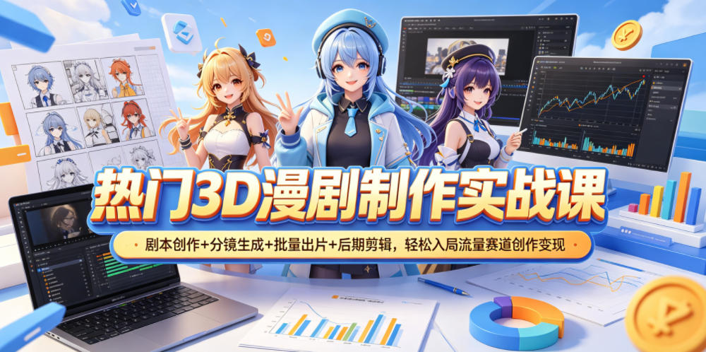 热门3D漫剧制作实战课,剧本创作+分镜生成+批量出片+后期剪辑,轻松入局流量赛道创作变现-热点1站 - 热点知汇专注网赚项目资源知识聚汇
