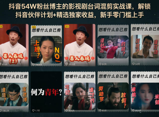 抖音54W粉丝博主的影视剧台词混剪实战课,解锁抖音伙伴计划+精选独家收益,新手零门槛上手-热点1站 - 热点知汇专注网赚项目资源知识聚汇