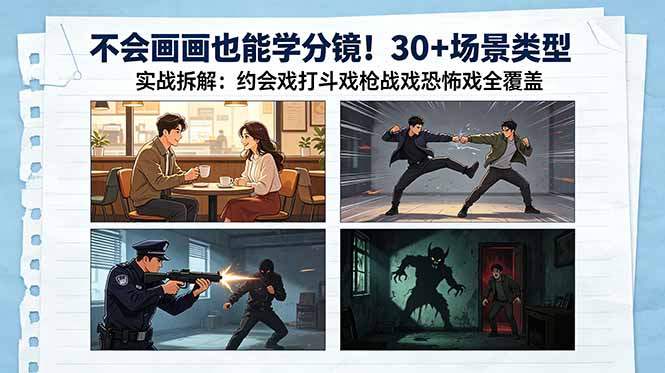 不会画画也能学分镜!30+场景类型实战拆解:约会戏打斗戏枪战戏恐怖戏全覆盖-热点1站 - 热点知汇专注网赚项目资源知识聚汇