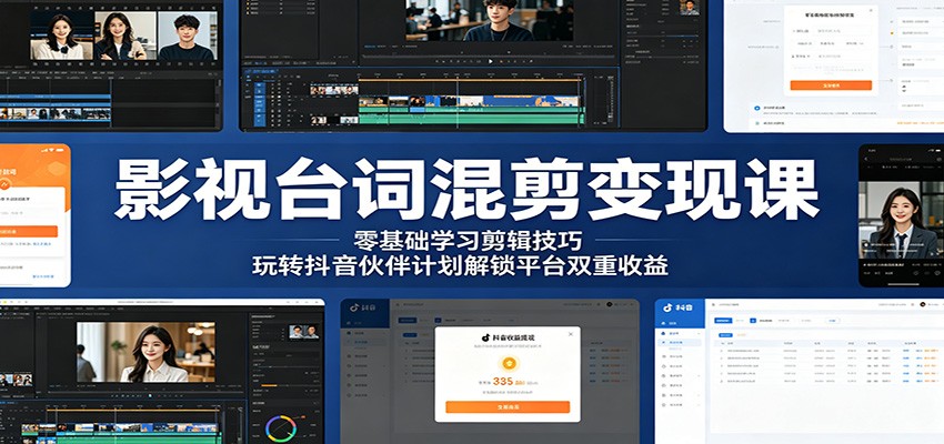 影视台词混剪变现课:零基础学习剪辑技巧,玩转抖音伙伴计划解锁平台双重收益-热点1站 - 热点知汇专注网赚项目资源知识聚汇