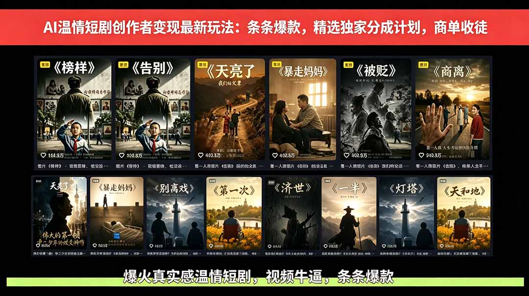 AI温情短剧创作者变现最新玩法:视频牛逼,条条爆款,精选独家分成计划,商单收徒-热点1站 - 热点知汇专注网赚项目资源知识聚汇