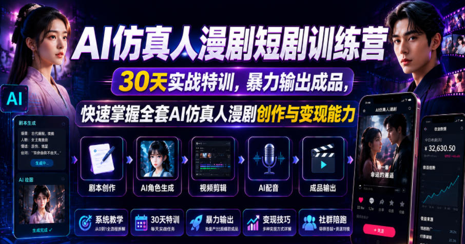AI仿真人漫剧短剧训练营,30天实战特训,暴力输出成品,快速掌握全套AI仿真人漫剧创作与变现能力-热点1站 - 热点知汇专注网赚项目资源知识聚汇