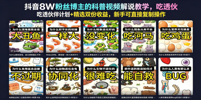 抖音8W粉丝博主的科普视频解说教学,吃透伙伴计划+精选双份收益,新手可直接复制操作-热点1站 - 热点知汇专注网赚项目资源知识聚汇