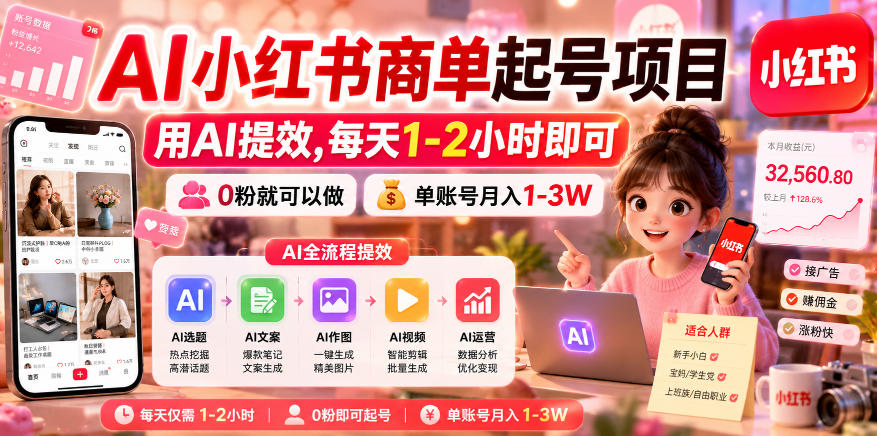 AI小红书商单起号项目,用AI提效,每天1-2小时即可,0粉就可以做,单账号月入1-3W-热点1站 - 热点知汇专注网赚项目资源知识聚汇