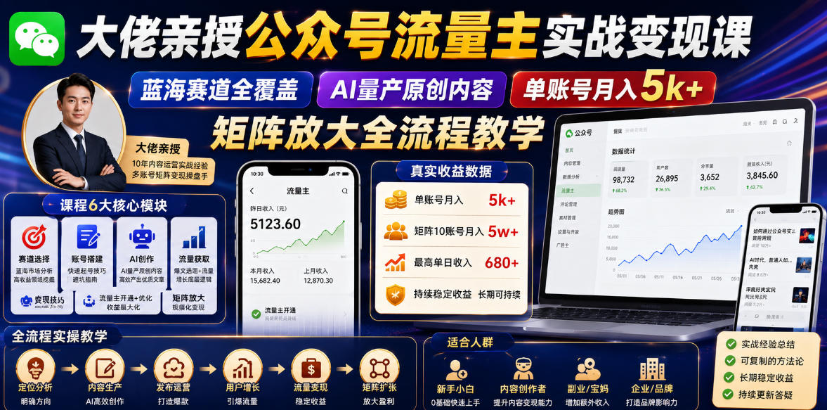大佬亲授公众号流量主实战变现课,蓝海赛道全覆盖,AI量产原创内容,单账号月入5k+矩阵放大全流程教学-热点1站 - 热点知汇专注网赚项目资源知识聚汇