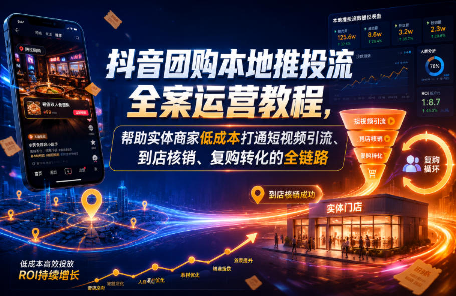 抖音团购本地推投流全案运营教程,帮助实体商家低成本打通短视频引流、到店核销、复购转化的全链路-热点1站 - 热点知汇专注网赚项目资源知识聚汇