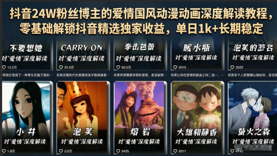 抖音24W粉丝博主的爱情国风动漫动画深度解读教程,零基础解锁抖音精选独家收益,单日1k+长期稳定-热点1站 - 热点知汇专注网赚项目资源知识聚汇