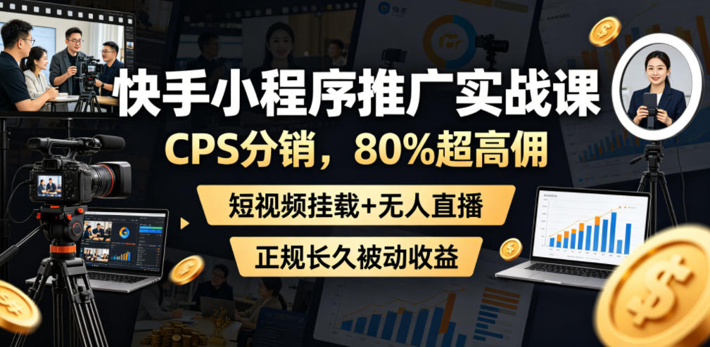 快手小程序推广实战课,CPS分销,80%超高佣,短视频挂载+无人直播,正规长久被动收益-热点1站 - 热点知汇专注网赚项目资源知识聚汇