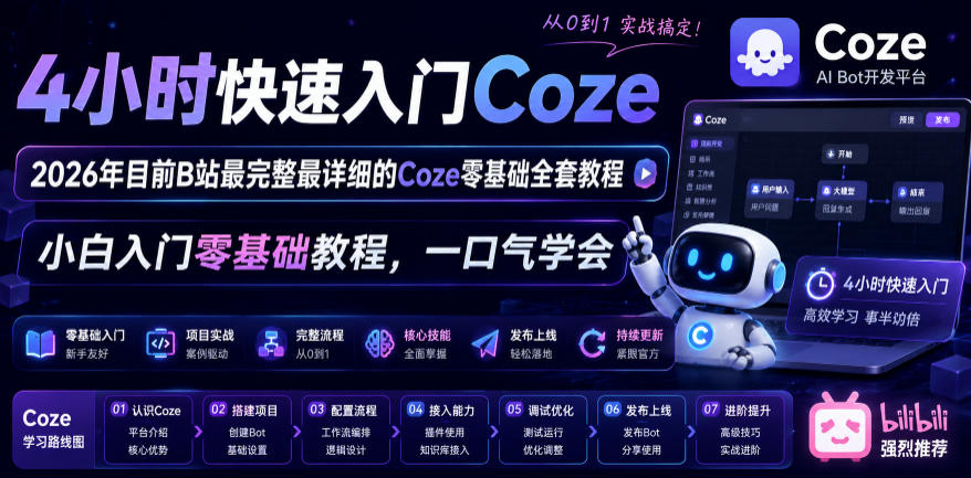 4小时快速入门Coze!2026年目前B站最完整最详细的Coze零基础全套教程,小白入门零基础教程,一口气学会!-热点1站 - 热点知汇专注网赚项目资源知识聚汇