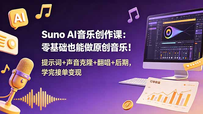 Suno AI音乐创作课:零基础也能做原创音乐!提示词+声音克隆+翻唱+后期,学完接单变现-热点1站 - 热点知汇专注网赚项目资源知识聚汇