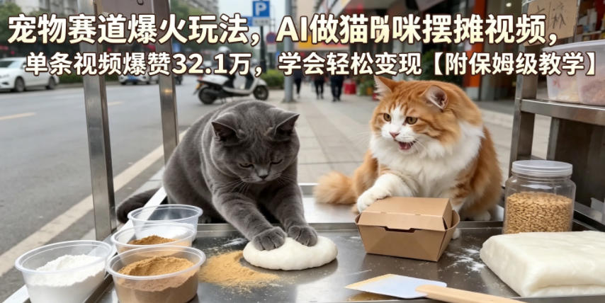 宠物赛道爆火玩法,AI做猫咪摆摊视频,单条视频爆赞32.1万,学会轻松变现【附保姆级教学】-热点1站 - 热点知汇专注网赚项目资源知识聚汇