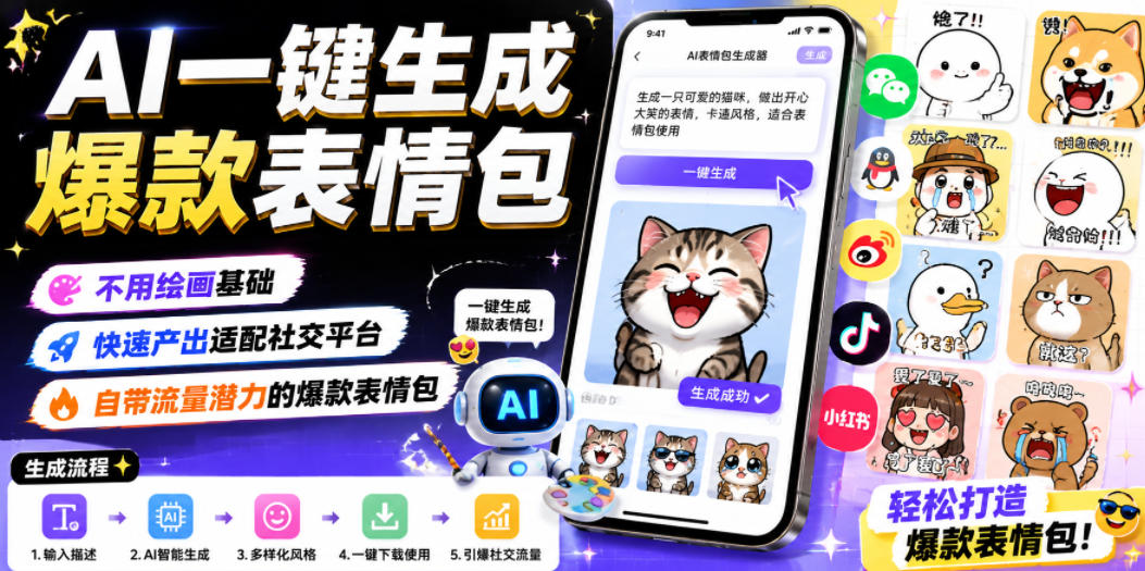 AI一键生成爆款表情包,不用绘画基础,快速产出适配社交平台,自带流量潜力的爆款表情包-热点1站 - 热点知汇专注网赚项目资源知识聚汇