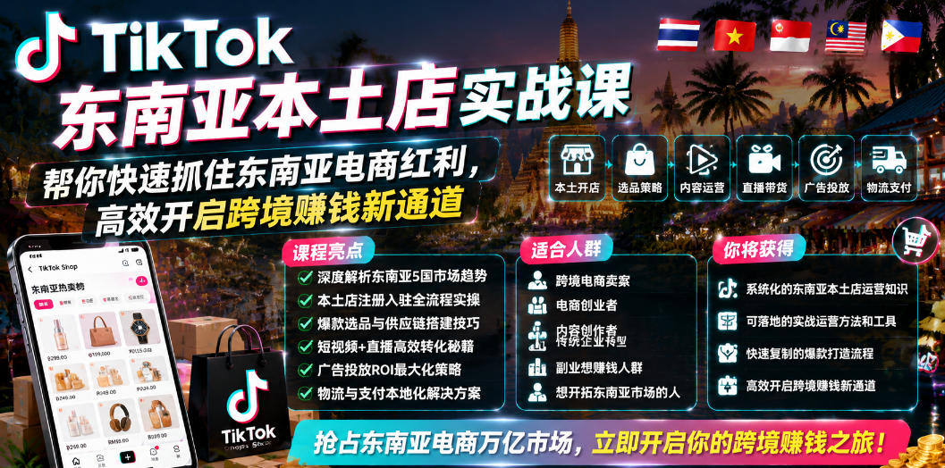 TikTok东南亚本土店实战课,帮你快速抓住东南亚电商红利,高效开启跨境賺钱新通道-热点1站 - 热点知汇专注网赚项目资源知识聚汇
