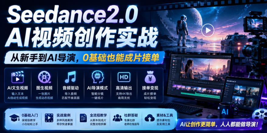 Seedance2.0 AI视频创作实战,从新手到AI导演,0基础也能成片接单变现-热点1站 - 热点知汇专注网赚项目资源知识聚汇