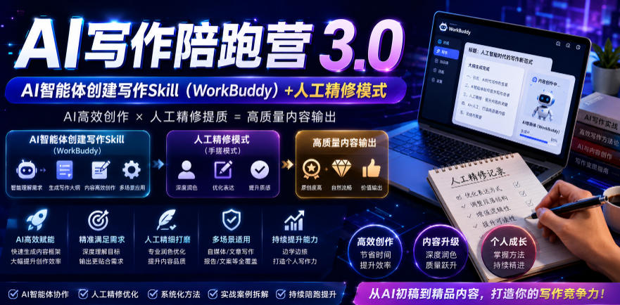 AI写作陪跑营3.0,Ai智能体创建写作skill(workbuddy)+人工手写模式(手搓模式),去除AI痕迹(头条号、公众号、百家号)-热点1站 - 热点知汇专注网赚项目资源知识聚汇