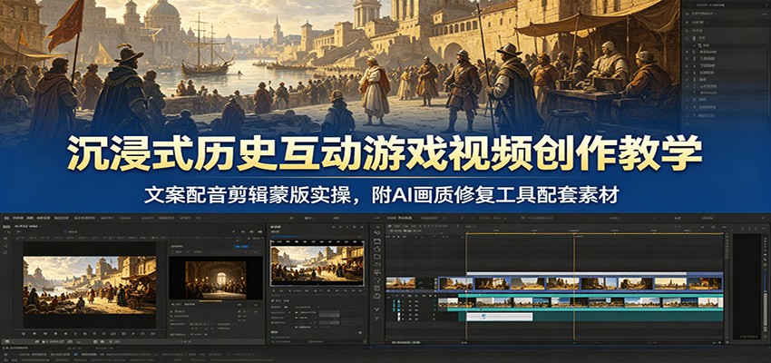 沉浸式历史互动游戏视频创作教学:文案配音剪辑蒙版实操,附AI画质修复工具配套素材-热点1站 - 热点知汇专注网赚项目资源知识聚汇