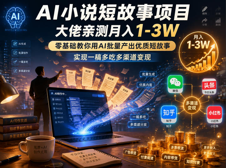 AI小说短故事项目,大佬亲测月入1-3W,零基础教你用AI批量产出优质短故事,实现一稿多吃多渠道变现(更新0624)-热点1站 - 热点知汇专注网赚项目资源知识聚汇