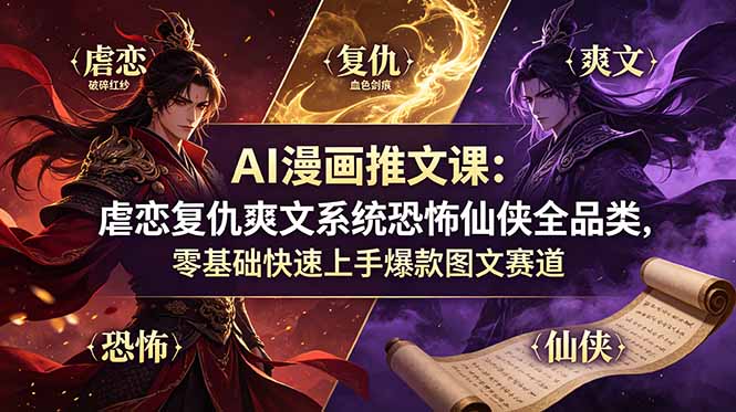 AI漫画推文课:虐恋复仇爽文系统恐怖仙侠全品类,零基础快速上手爆款图文赛道-热点1站 - 热点知汇专注网赚项目资源知识聚汇