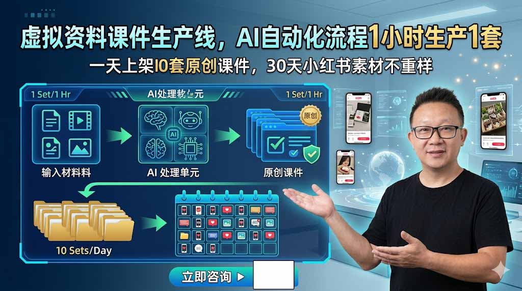 虚拟资料课件生产线,AI自动化流程1小时生产1套,一天上架10套原创课件,30天小红书素材不重样-热点1站 - 热点知汇专注网赚项目资源知识聚汇