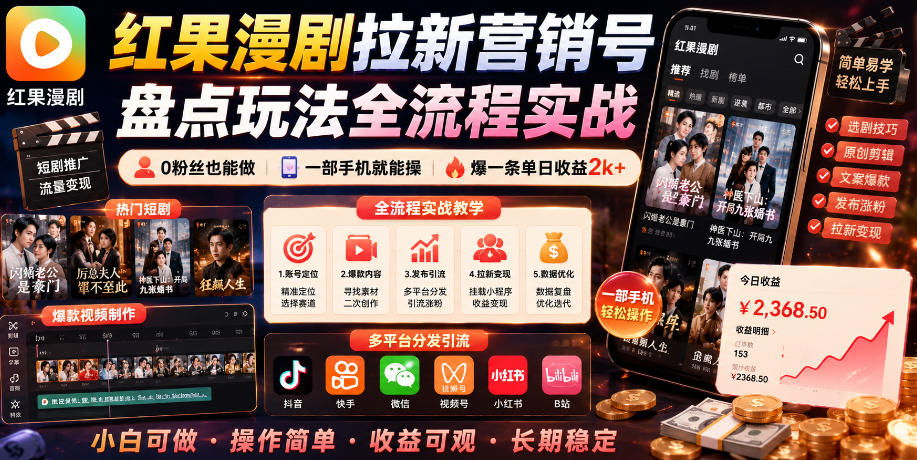 红果漫剧拉新营销号盘点玩法全流程实战,0粉丝也能做,一部手机就能做,爆一条单日收益2k+(更新0628)-热点1站 - 热点知汇专注网赚项目资源知识聚汇