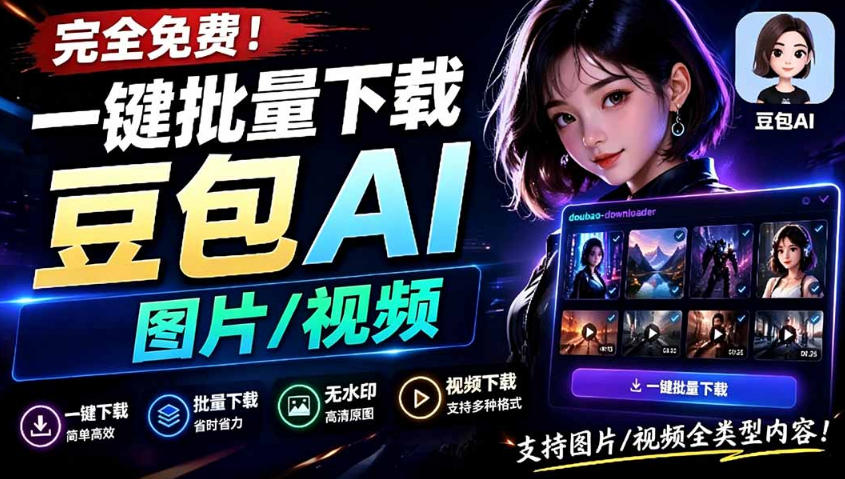 Github最新发布!一键批量下载豆包AI无水印图片/视频,简单易用,自动解析提示词-热点1站 - 热点知汇专注网赚项目资源知识聚汇