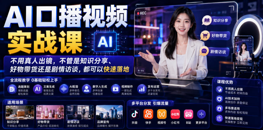 AI口播视频实战课,不用真人出镜,不管是知识分享、好物带货还是剧情访谈,都可以快速落地-热点1站 - 热点知汇专注网赚项目资源知识聚汇