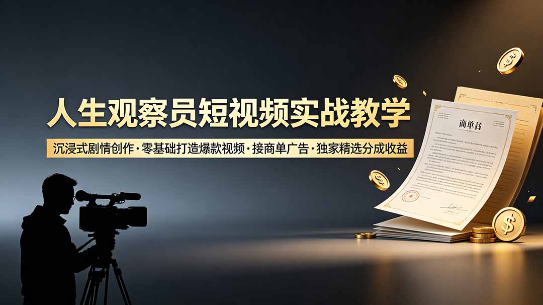 人生观察员短视频实战教学,沉浸式剧情创作,零基础打造爆款视频,接商单广告,独家精选分成收益-热点1站 - 热点知汇专注网赚项目资源知识聚汇