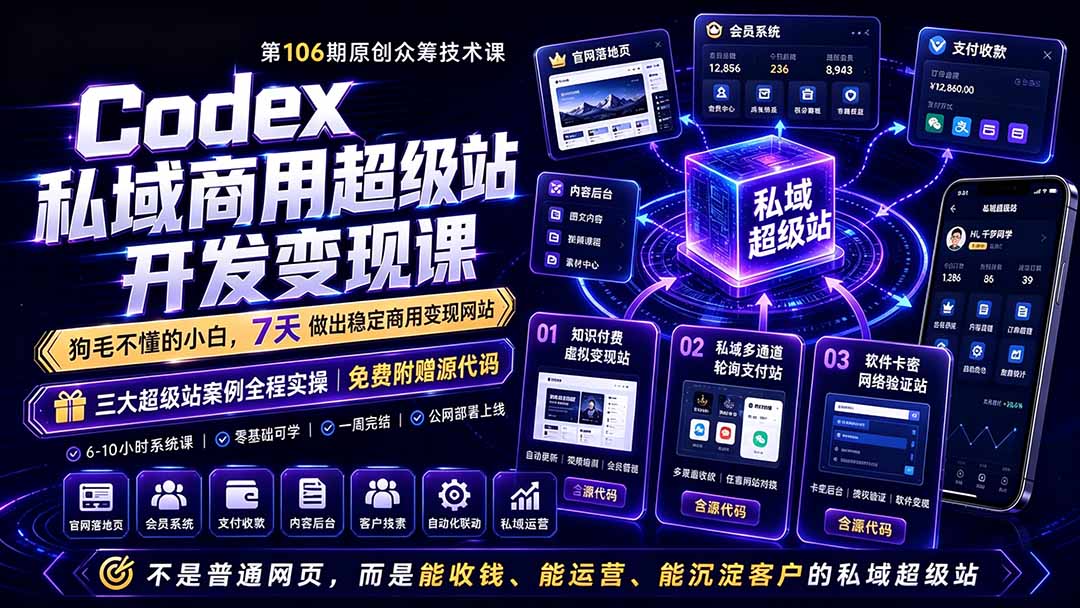 Codex私域商用超级站Ai开发变现课106期-更新0630:不是普通网站,而是能收钱,能运营,能沉淀客户的私域超级站-热点1站 - 热点知汇专注网赚项目资源知识聚汇