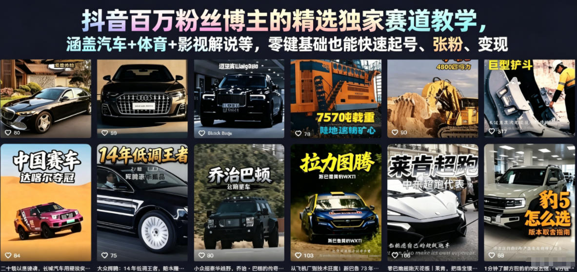 抖音百万粉丝博主的精选独家赛道教学,涵盖汽车+体育+影视解说等,零基础也能快速起号、涨粉、变现(更新0701)-热点1站 - 热点知汇专注网赚项目资源知识聚汇