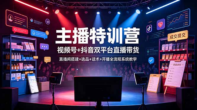 主播特训营:视频号+抖音双平台直播带货,直播间搭建+选品+话术+开播全流程系统教学-热点1站 - 热点知汇专注网赚项目资源知识聚汇
