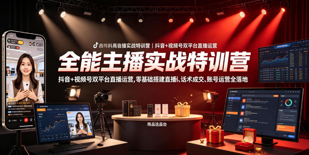 全能主播实战特训营|抖音+视频号双平台直播运营,零基础搭建直播间、精准选品、话术成交、账号运营全落地-热点1站 - 热点知汇专注网赚项目资源知识聚汇