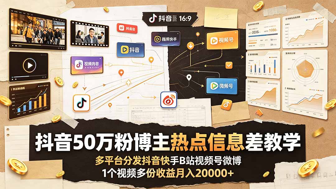 抖音50万粉博主热点信息差教学:多平台分发抖音快手B站视频号微博,1个视频多份收益月入20000+-热点1站 - 热点知汇专注网赚项目资源知识聚汇