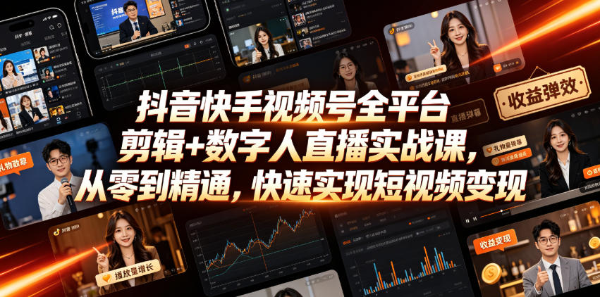 抖音快手视频号全平台剪辑+数字人直播实战课,从零到精通,快速实现短视频变现(更新2026年6月)-热点1站 - 热点知汇专注网赚项目资源知识聚汇