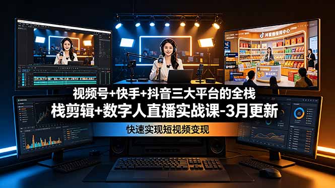 视频号+快手+抖音三大平台的全栈剪辑+数字人直播实战课-3月更新:快速实现短视频变现-热点1站 - 热点知汇专注网赚项目资源知识聚汇