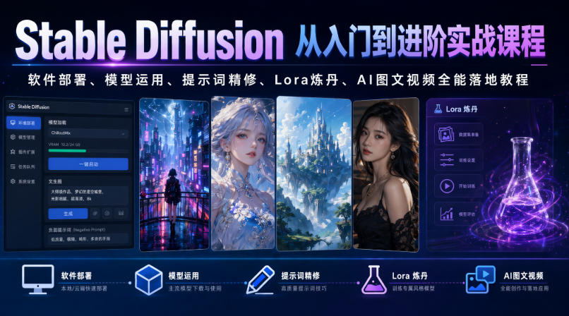 Stable Diffusion从入门到进阶实战课程|软件部署、模型运用、提示词精修、Lora炼丹、AI图文视频全能落地教程-热点1站 - 热点知汇专注网赚项目资源知识聚汇