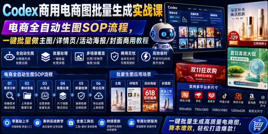 Codex商用电商图批量生成实战课|电商全自动生图SOP流程,一键批量做主图/详情页/活动海报/封面商用教程-热点1站 - 热点知汇专注网赚项目资源知识聚汇