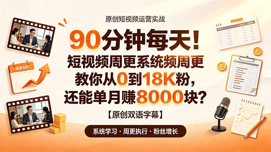 90 分钟每天!短视频周更系统教你从 0 到 18K 粉,还能单月赚 8000 块?【原创双语字幕】-热点1站 - 热点知汇专注网赚项目资源知识聚汇