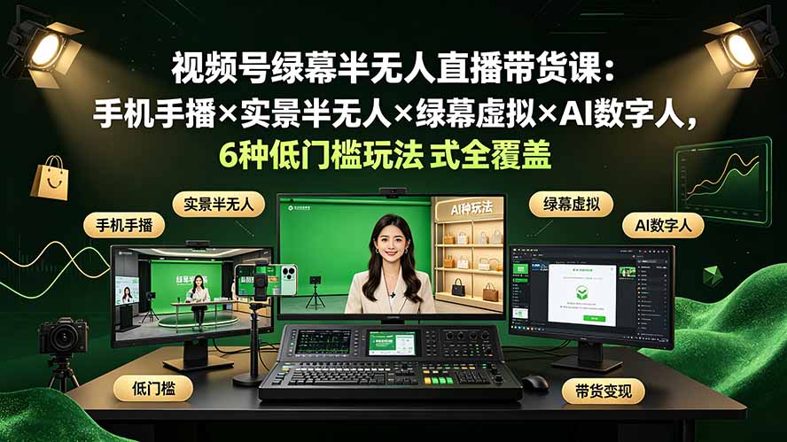 视频号绿幕半无人直播带货课:手机手播×实景半无人×绿幕虚拟×AI数字人,6种低门槛玩法全覆盖-热点1站 - 热点知汇专注网赚项目资源知识聚汇
