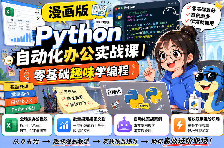 漫画版Python自动化办公实战课|零基础趣味学编程,全场景办公提效、批量搞定报表文档、解放双手进阶职场-热点1站 - 热点知汇专注网赚项目资源知识聚汇