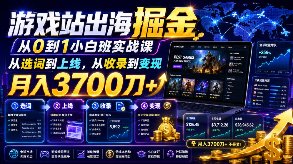 游戏站出海掘金从0到1小白实战课,从选词到上线,从收录到变现,月入3700刀+-热点1站 - 热点知汇专注网赚项目资源知识聚汇