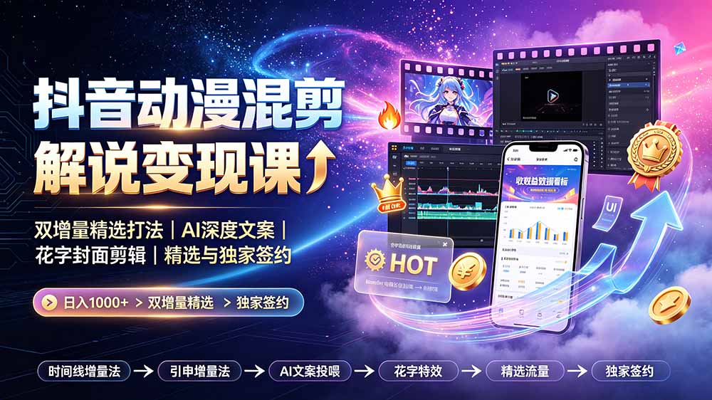 抖音动漫混剪解说变现课:双增量精选打法|AI深度文案|花字封面剪辑| 精选与独家签约日入1000+-热点1站 - 热点知汇专注网赚项目资源知识聚汇