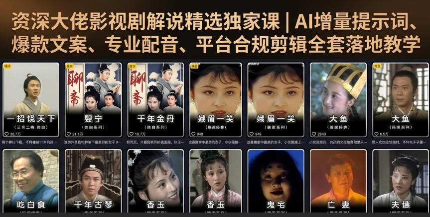 资深大佬影视剧解说精选独家课|AI增量提示词、爆款文案、专业配音、平台合规剪辑全套落地教学-热点1站 - 热点知汇专注网赚项目资源知识聚汇