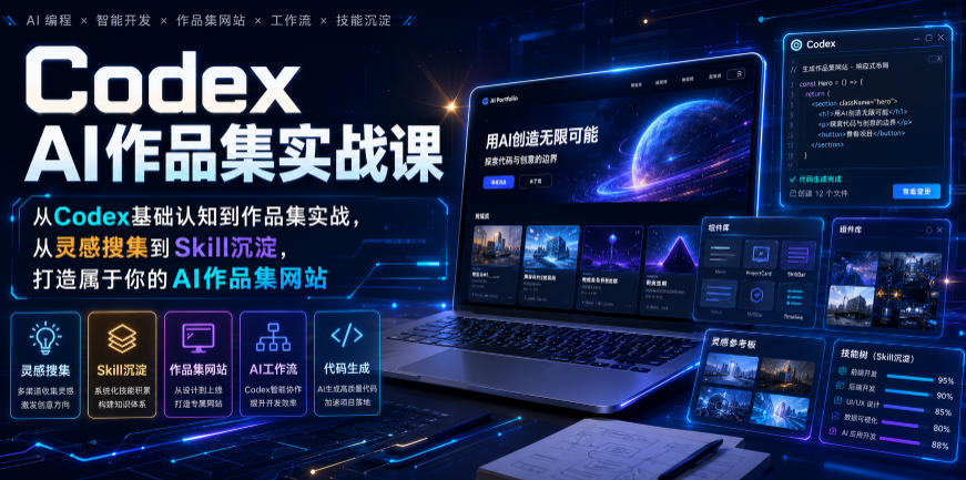 Codex AI作品集实战课,从Codex基础认知到作品集实战,从灵感搜集到Skill沉淀,打造属于你的AI作品集网站-热点1站 - 热点知汇专注网赚项目资源知识聚汇