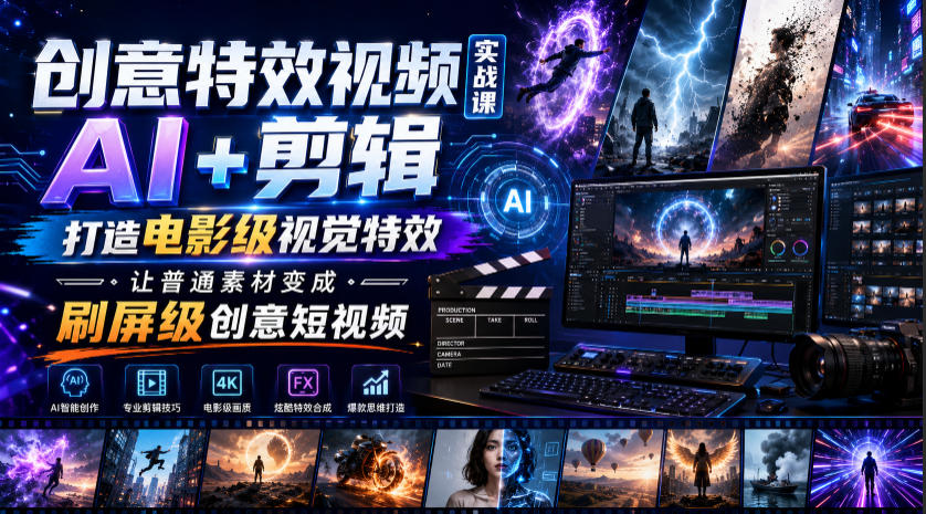 创意特效视频实战课,AI+剪辑打造电影级视觉特效,让普通素材变成刷屏级创意短视频-热点1站 - 热点知汇专注网赚项目资源知识聚汇